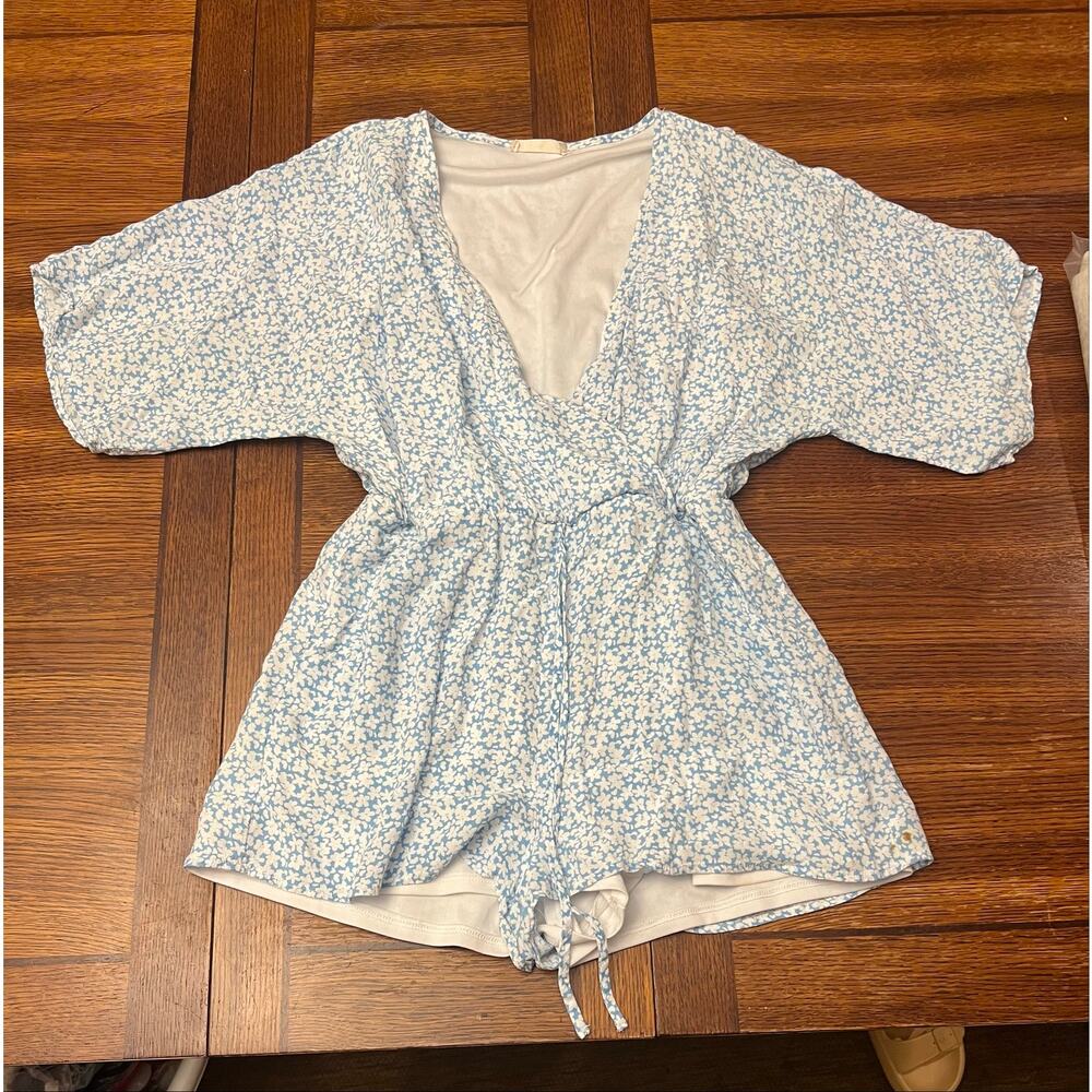 Altar'd State Blue White Floral Wrap Romper Small Boho Cottagecore Summer Dress - Picture 6 of 14